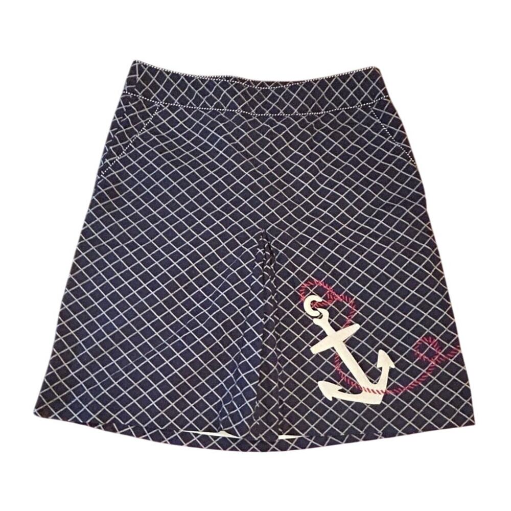 L.L. Bean Navy Blue Nautical Anchor Fisherman Plaid Skirt Pleated Cotton Women 8